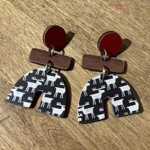NWT Black and White Reindeer Print Wooden Dangle Earrings